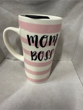 Mom Boss Pink Stripe Travel Mug Clay Art Cup